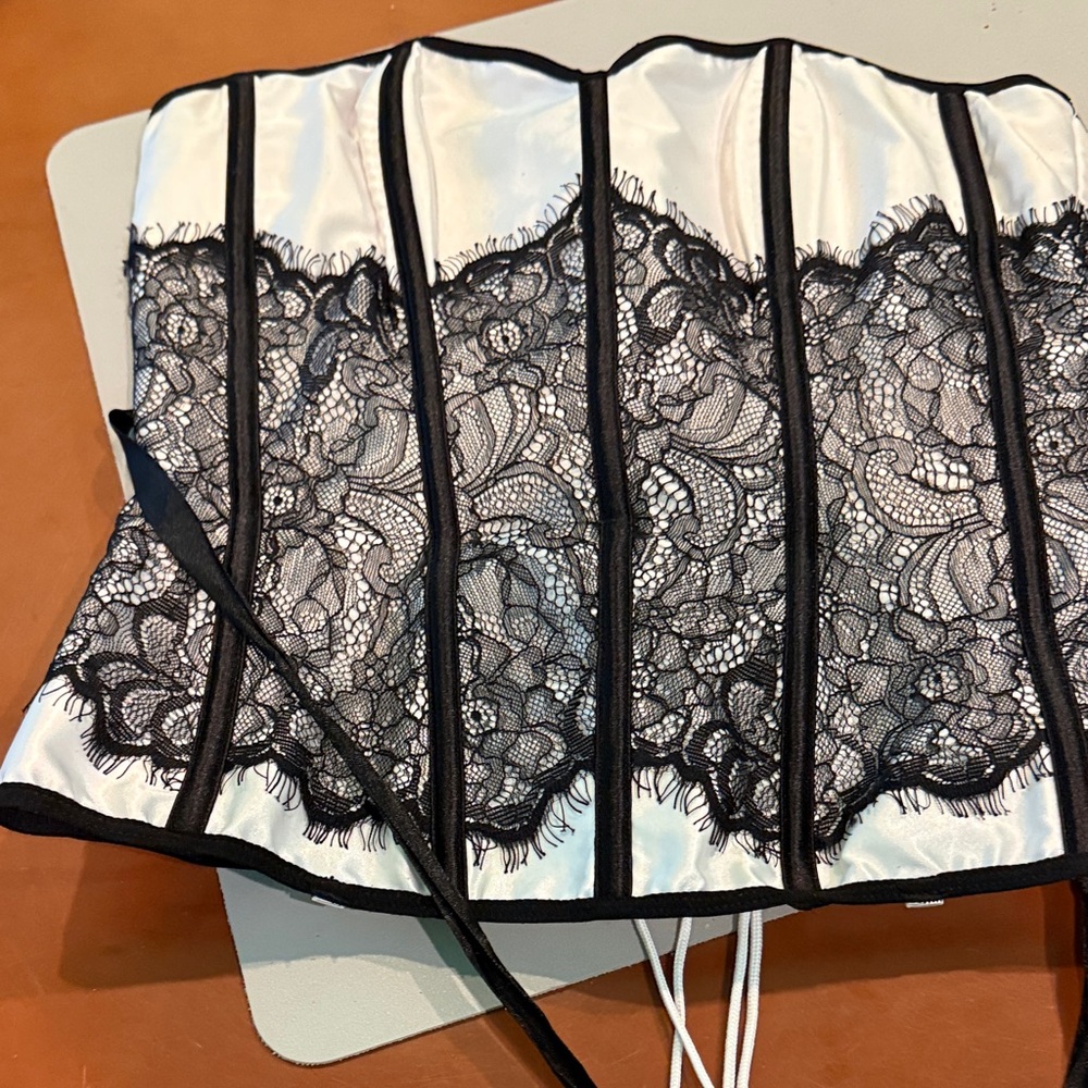 Satin Lace Boned Corset Top - White and Black